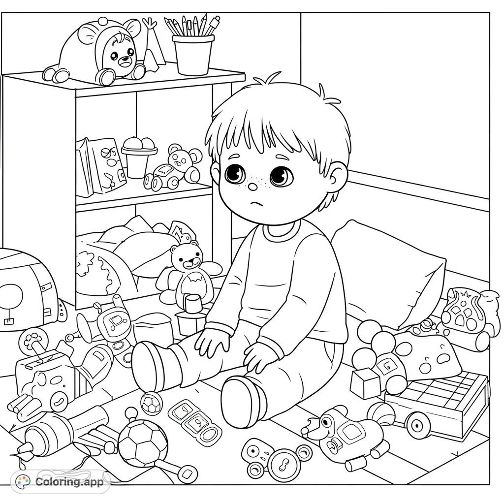 A young boy sits amidst a playful mess of toys in his room. A fun, free printable coloring page for kids to explore colors and creativity.