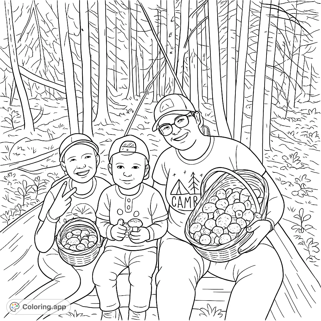 A heartwarming forest mushroom foraging family coloring page. Features an adult and two kids with baskets of mushrooms amidst tall trees. Perfect for nature lovers!