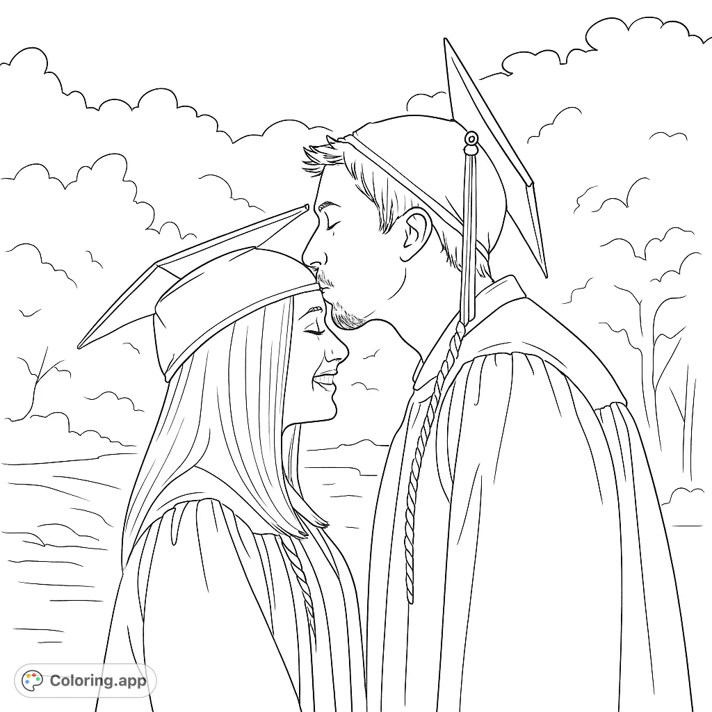 A heartwarming graduation kiss coloring page, celebrating academic success and affection. Perfect free printable coloring page for all ages.