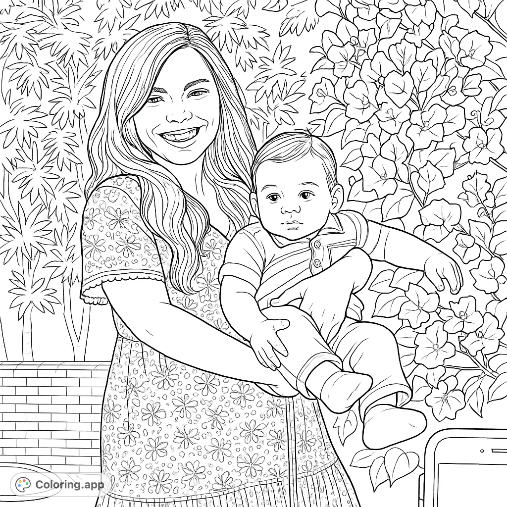 A heartwarming mother and baby portrait amidst lush garden foliage. Features a smiling woman holding an infant, perfect for family-themed coloring.