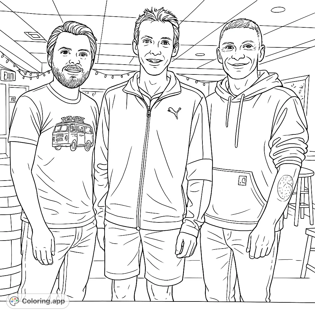 A free printable coloring page featuring three smiling men in a casual bar setting, perfect for adults and teens. Enjoy coloring their detailed outfits and the lively background.
