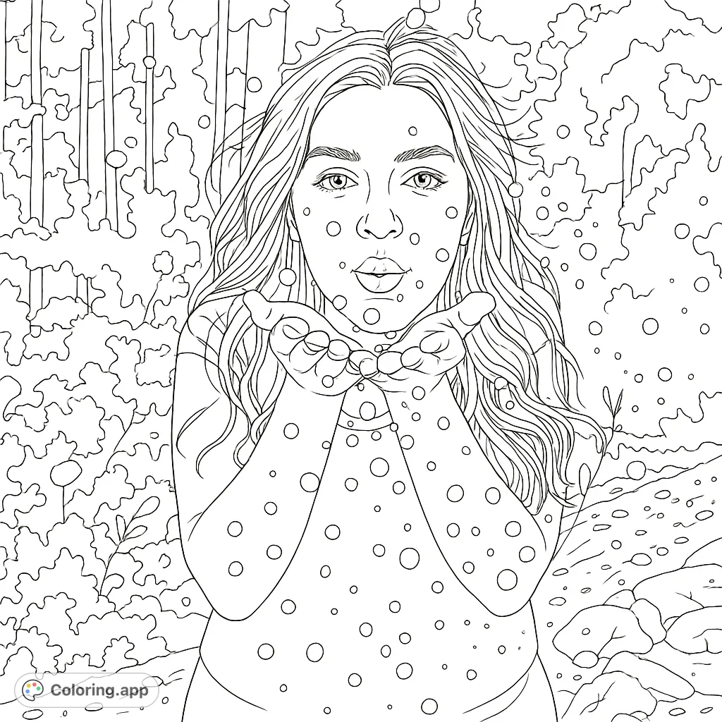 A beautiful woman blows a cascade of bubbles in this enchanting free printable coloring page, perfect for relaxation and creative expression.