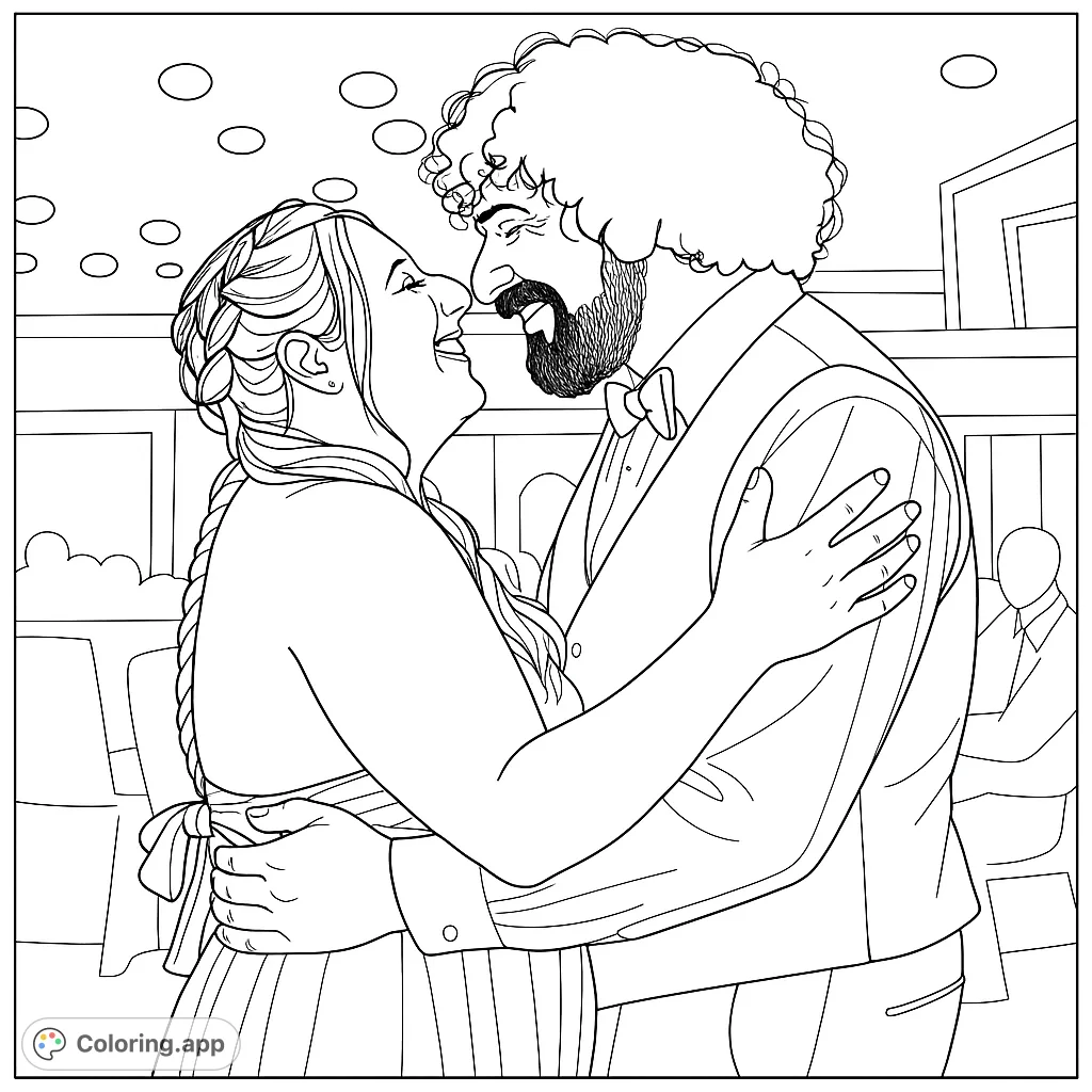 A heartwarming free printable couple's embrace coloring page, perfect for celebrating love. Features a joyful man and woman in a tender moment.