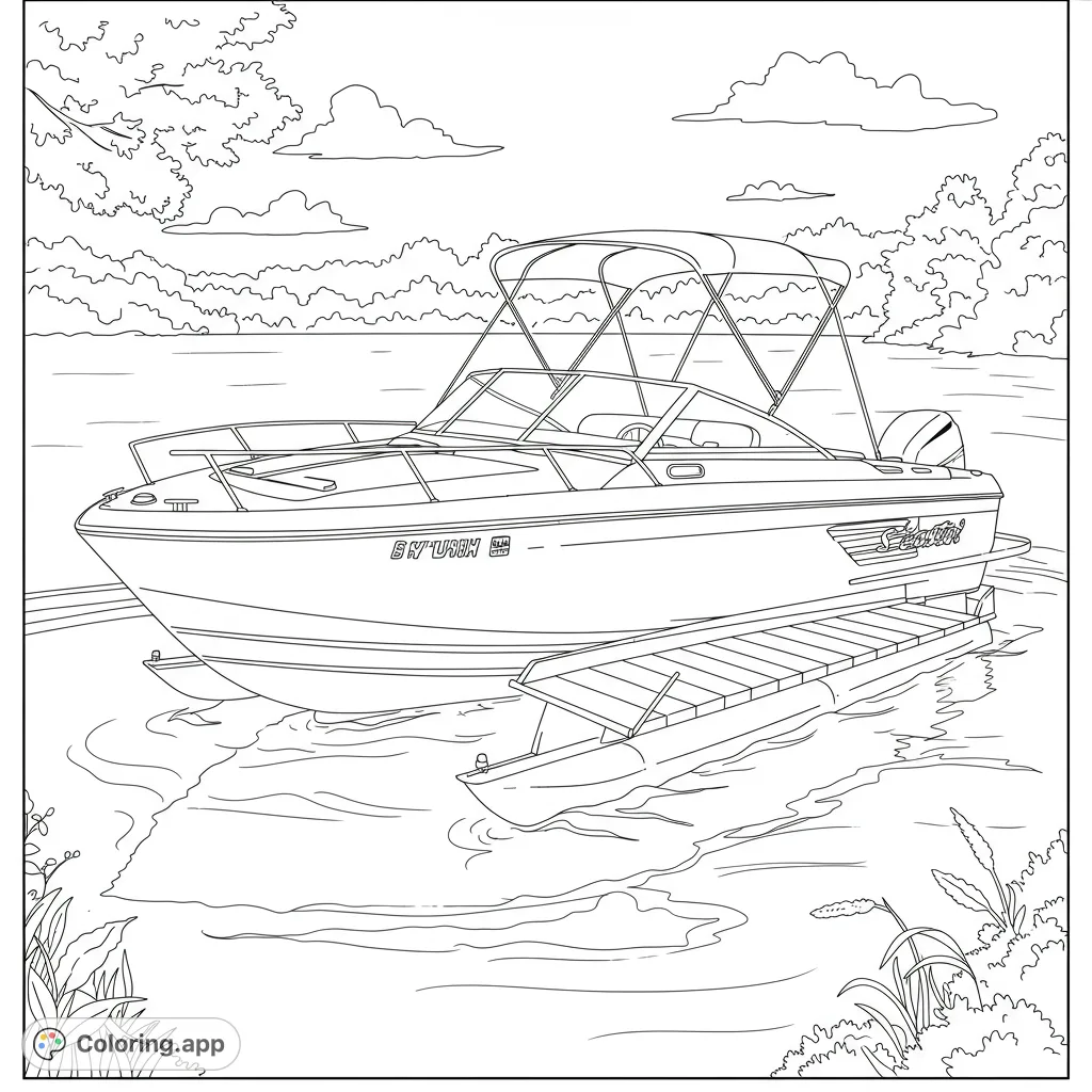 Color a detailed motorboat moored by a floating dock on a calm lake, surrounded by lush trees and clouds. A relaxing summer scene.