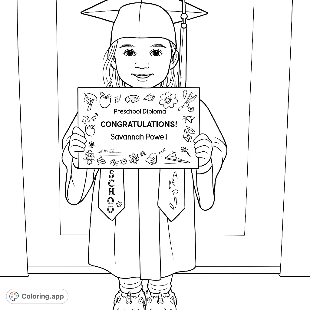 Celebrate milestones with this adorable graduation coloring page! A happy child in cap and gown holds a diploma, perfect for young achievers.