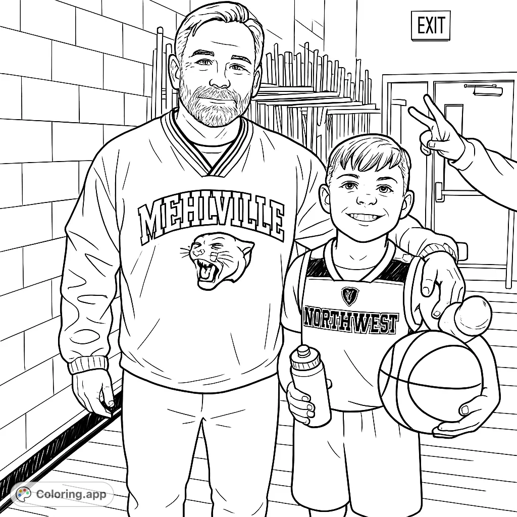 A heartwarming sports coloring page featuring a coach and young basketball player in a hallway, ready for action. Free printable for all ages!