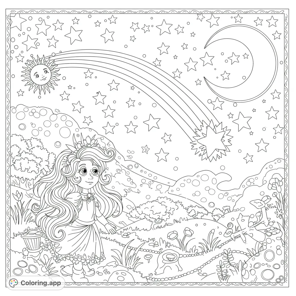 A magical fairytale princess stands in a whimsical landscape under a starry sky with a rainbow, sun, moon, and shooting star. Free printable coloring page.