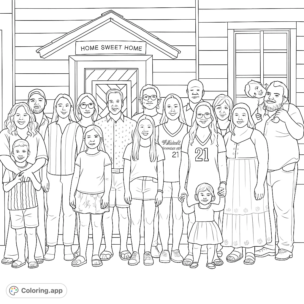 A heartwarming family portrait coloring page featuring a large, diverse family of all ages gathered in front of their home. Perfect for all ages!