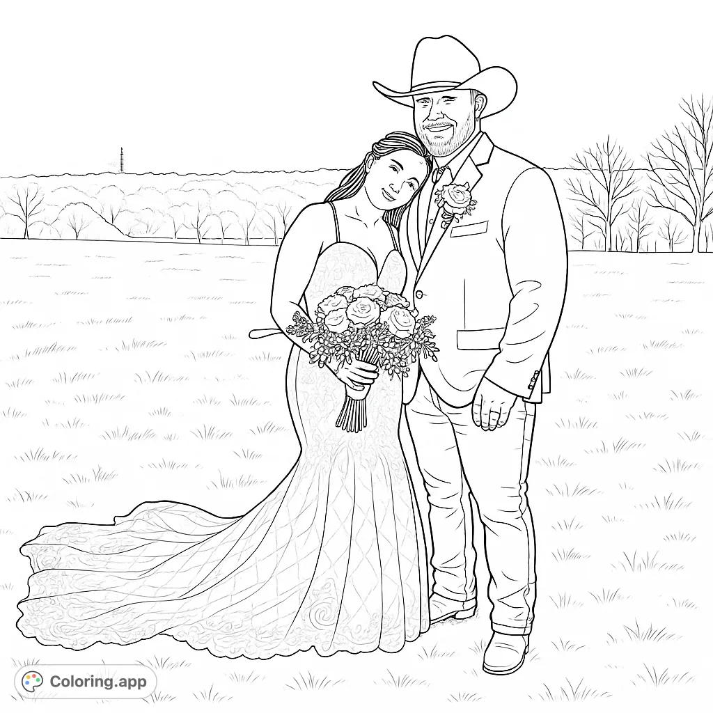 A charming country wedding couple coloring page, featuring a bride in a lace gown and a groom in a cowboy hat, perfect for celebrating love.