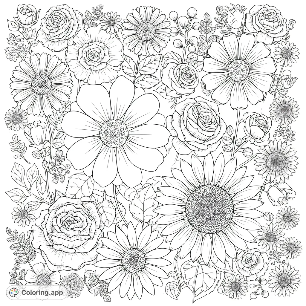An exquisite floral coloring page bursting with detailed roses, daisies, and sunflowers. A beautiful garden medley for nature lovers to color and relax.