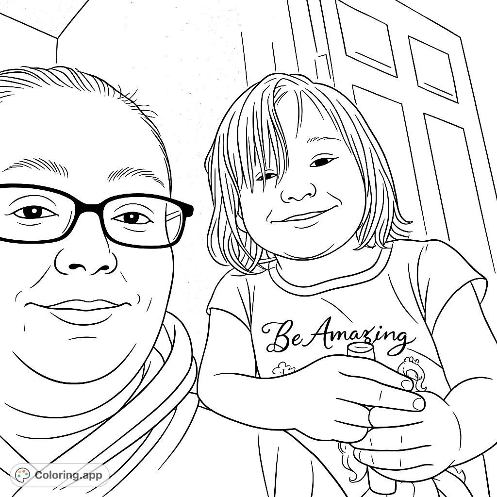 A heartwarming free printable family portrait coloring page featuring a smiling adult and child, perfect for creative expression and bonding.