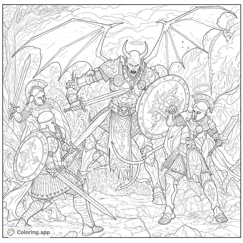 An intense fantasy battle coloring page featuring a horned demon clashing with two angelic warriors amidst swirling flames. Perfect for epic adventures.