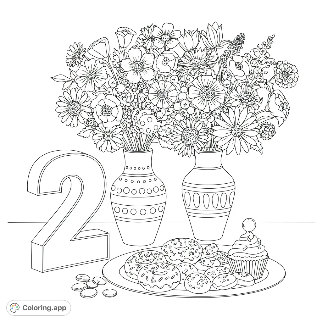 A delightful free printable coloring page featuring two ornate vases brimming with diverse flowers, alongside a tempting plate of donuts, cookies, and a cupcake. Perfect for all ages!