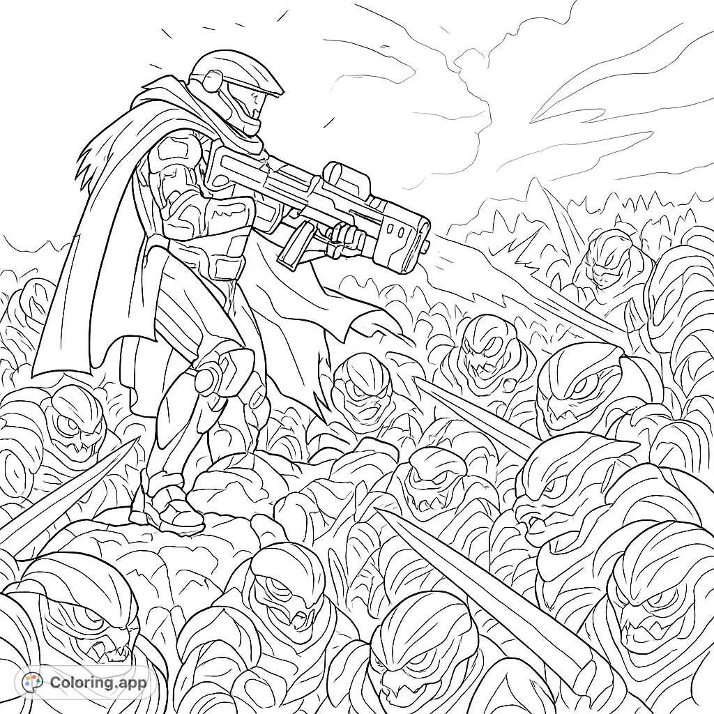 An epic futuristic battle coloring page featuring a heroic armored soldier facing a menacing alien swarm. A free printable sci-fi action scene for all ages.