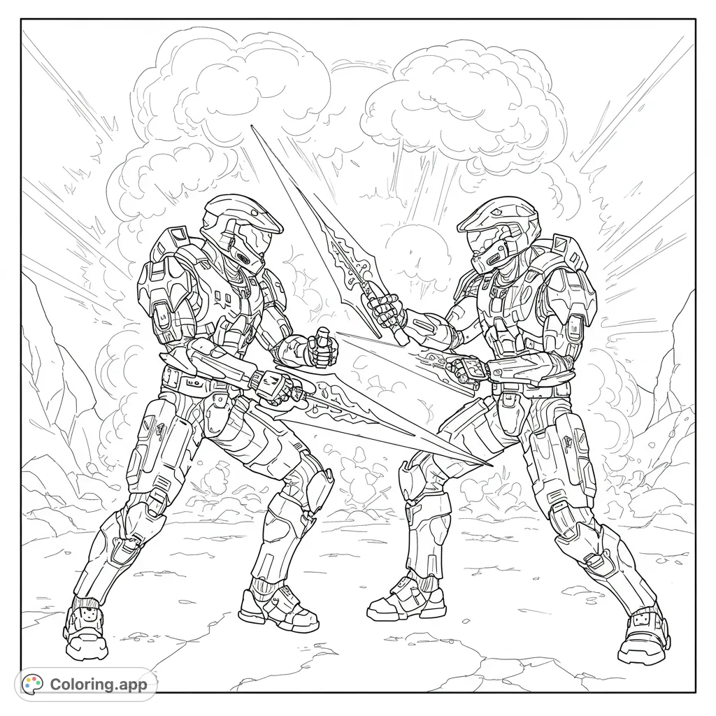 Two armored futuristic soldiers clash with glowing energy swords amidst explosions. A dynamic sci-fi combat scene ready for vibrant colors.
