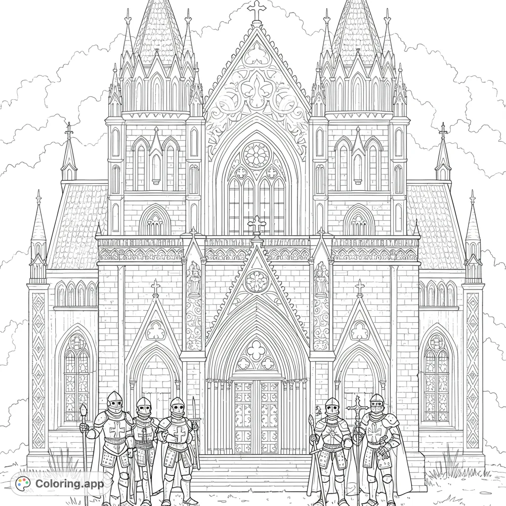 A grand Gothic cathedral guarded by armored knights. Intricate architecture and detailed figures offer a challenging and rewarding medieval coloring page experience.