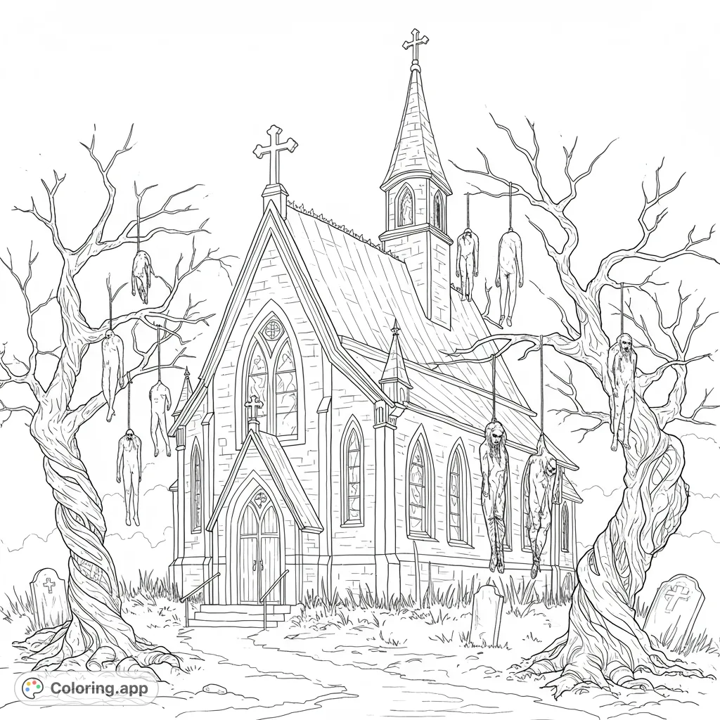 A chilling gothic church scene with twisted trees and hanging figures. Perfect for horror fans seeking a spooky, free printable coloring page.