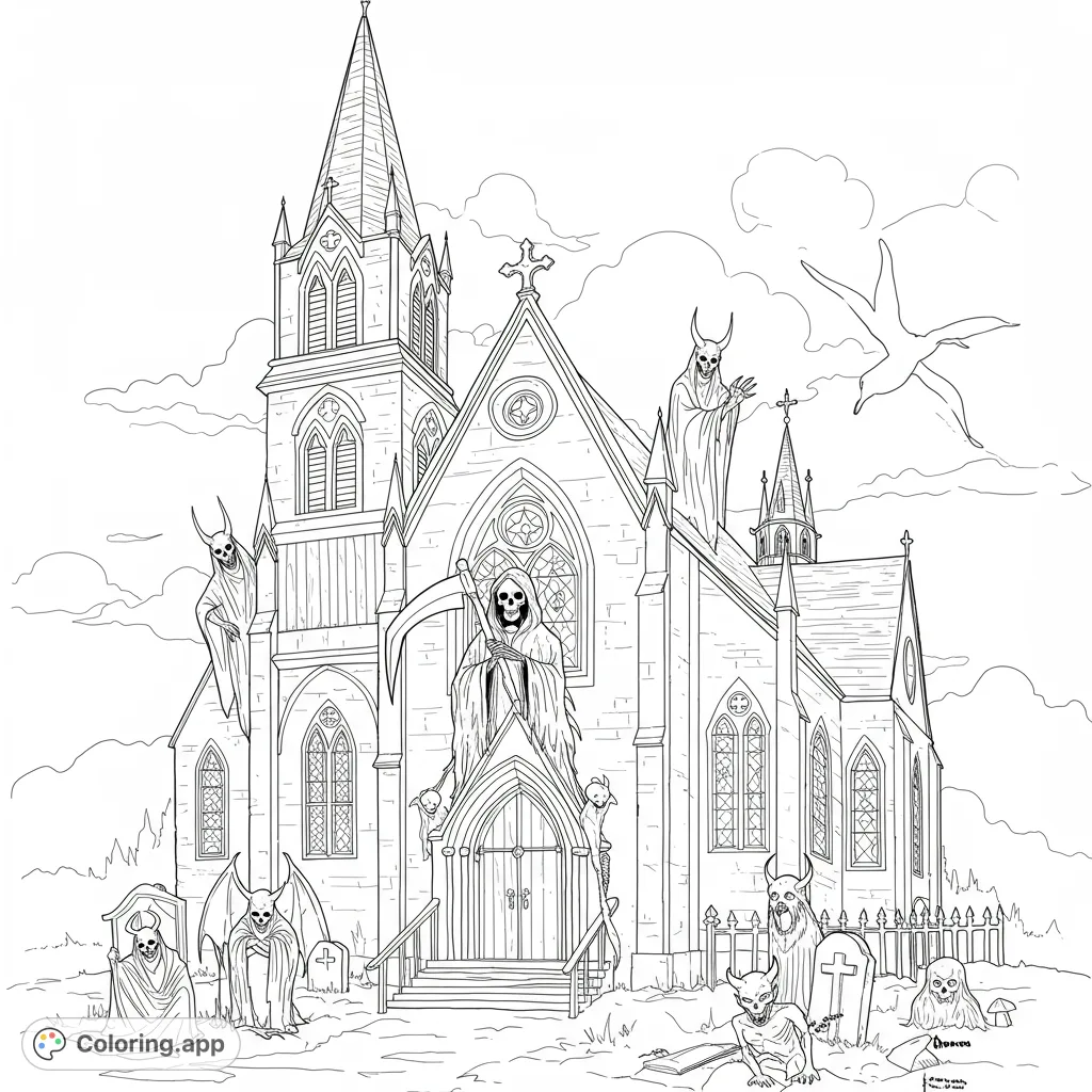 Explore a haunting gothic church scene featuring the Grim Reaper, skeletal figures, and eerie tombstones. A spooky, detailed free printable coloring page.