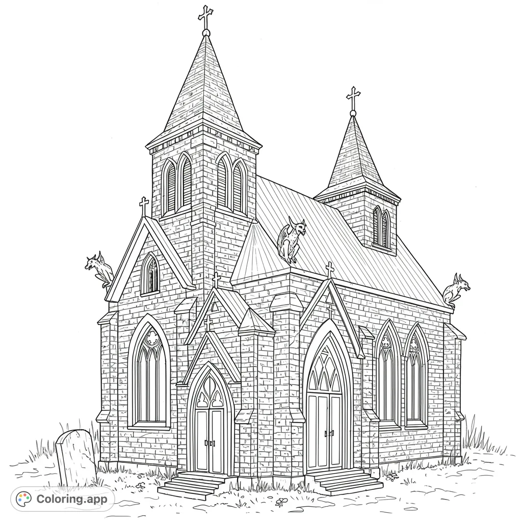 Intricate gothic church coloring page with spires, arched windows, brickwork, and detailed gargoyles. A free printable architectural design.