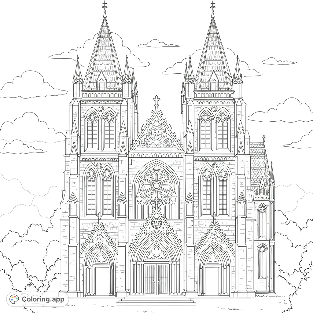 Intricate Gothic cathedral coloring page with towering spires, a detailed rose window, and arched entrances, perfect for architectural enthusiasts.