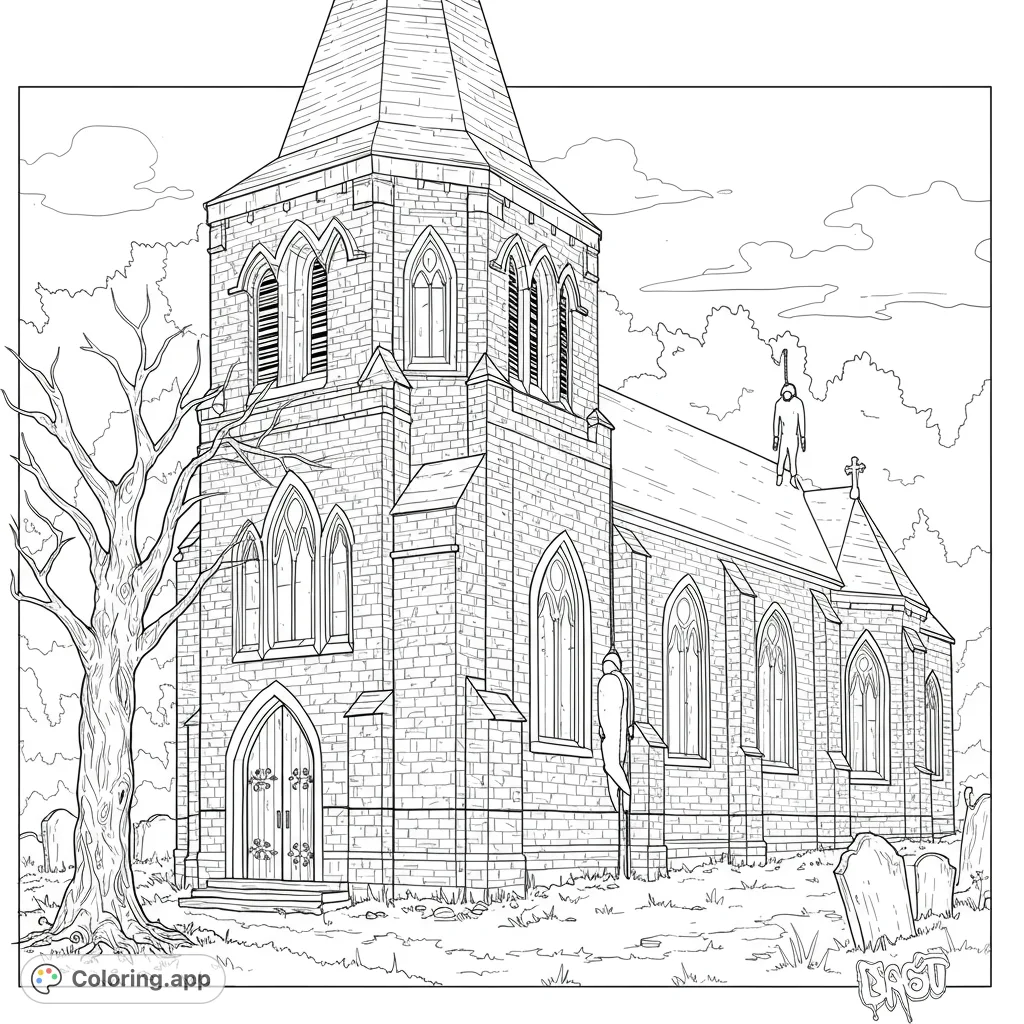 A spooky gothic church with a gnarled tree and gravestones, featuring eerie figures. A chilling haunted church coloring page for Halloween fun.