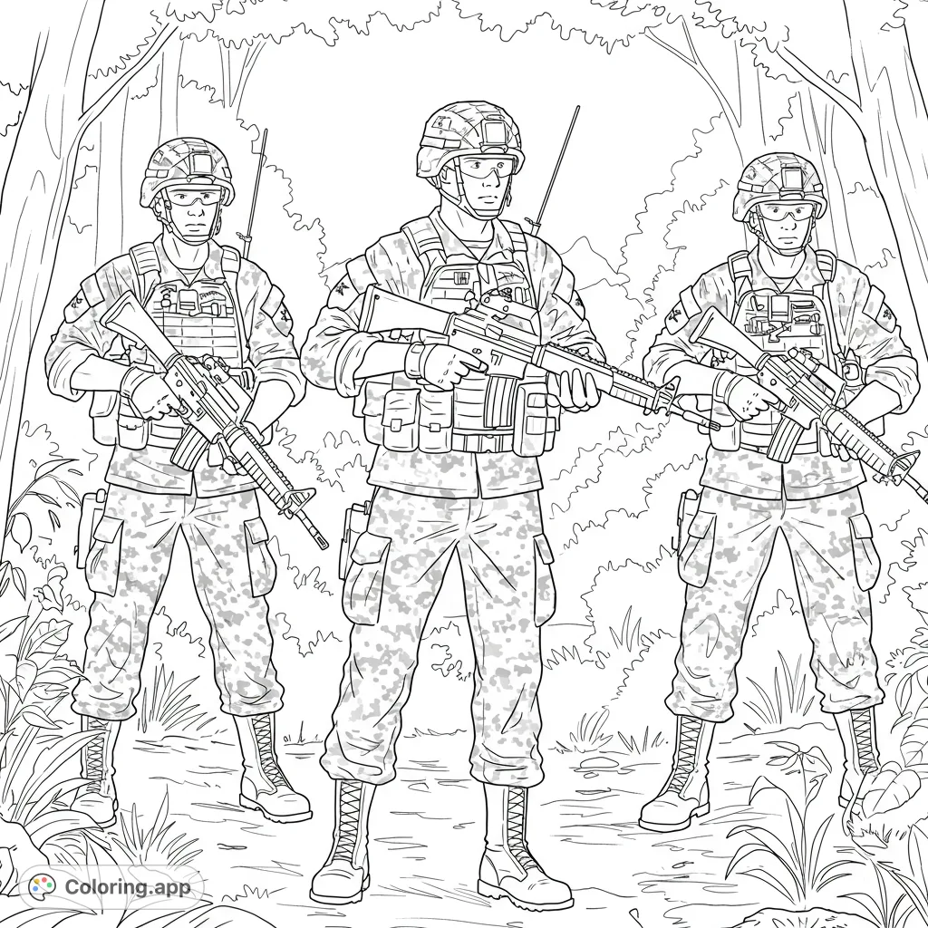Three brave soldiers in full gear stand ready in a dense jungle. A detailed military coloring page for patriotic themes and adventure.