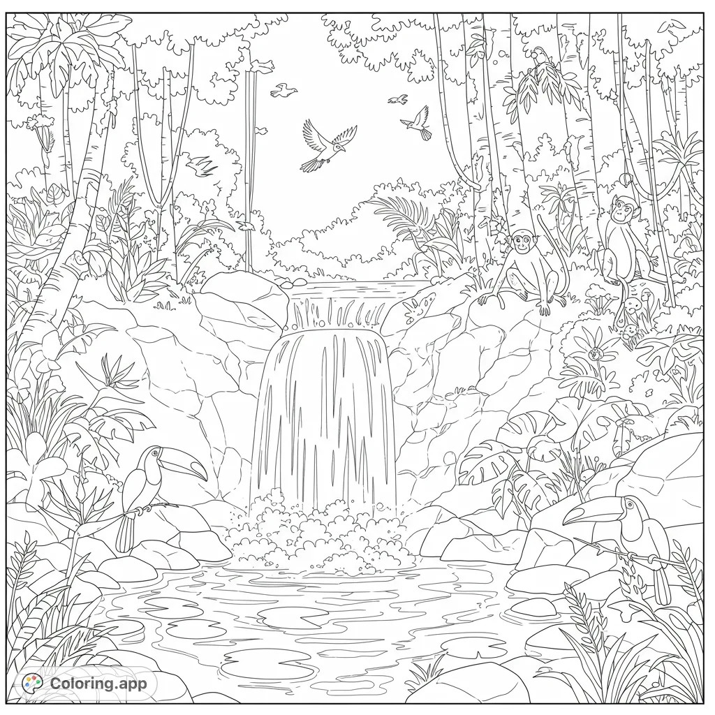 Explore a lush jungle waterfall scene with playful monkeys, exotic toucans, and soaring birds. A free printable rainforest coloring page for all ages.
