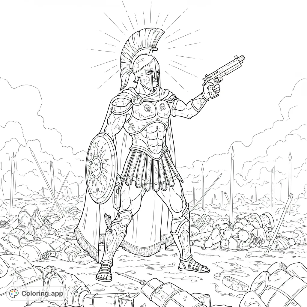 A powerful modern Spartan warrior stands victorious on a battlefield, blending ancient might with futuristic weaponry. A unique and detailed coloring challenge.