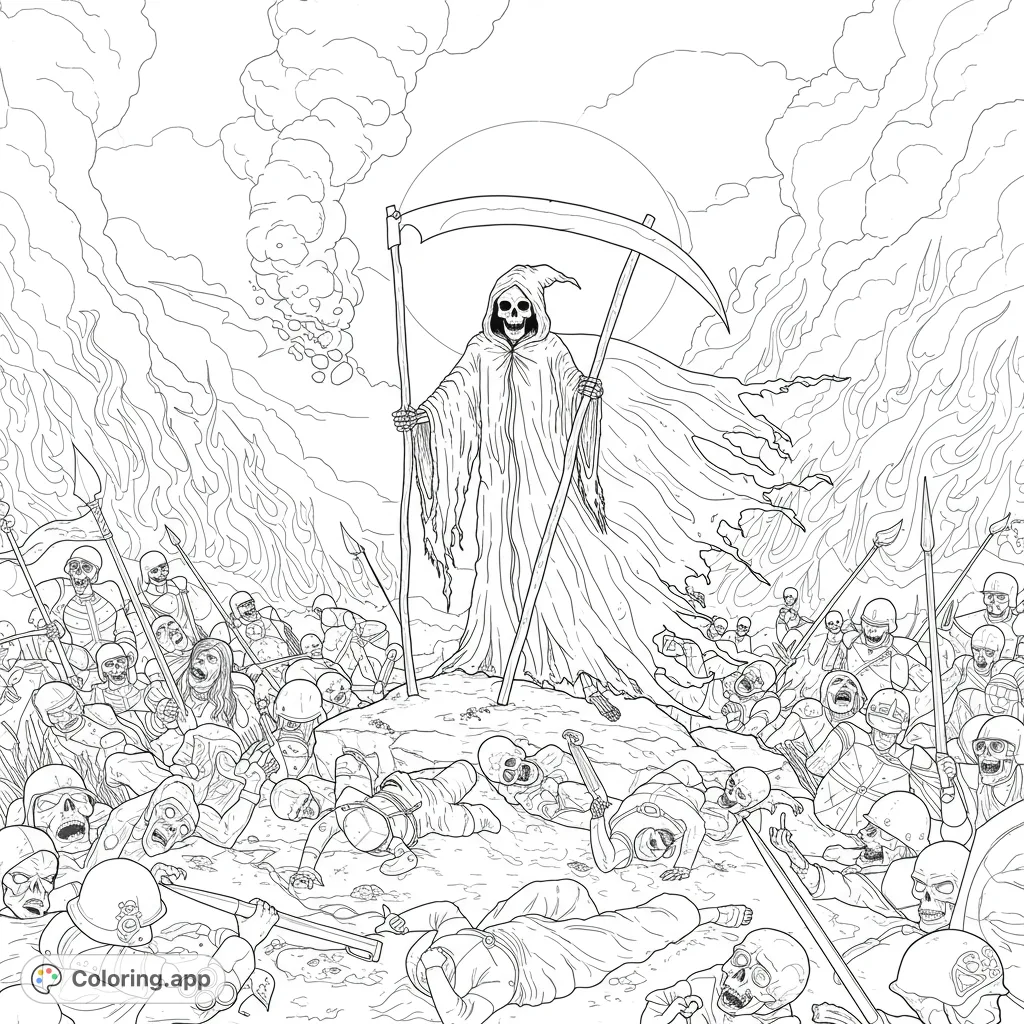 An intense dark fantasy coloring page featuring the Grim Reaper standing over a battlefield of fallen warriors amidst swirling flames and smoke.