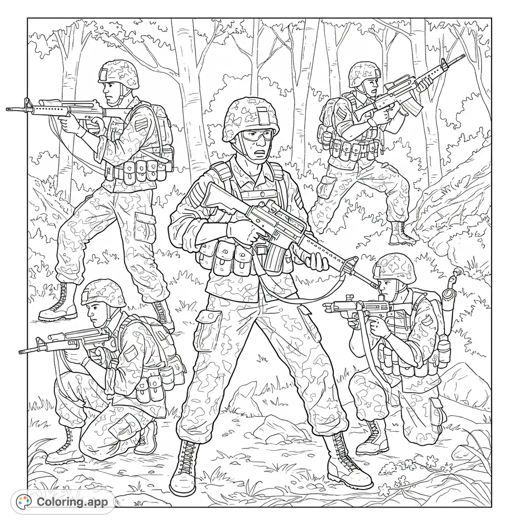 An action-packed military coloring page featuring five soldiers in detailed camouflage, helmets, and rifles, navigating a dense forest. Perfect for adventure fans!
