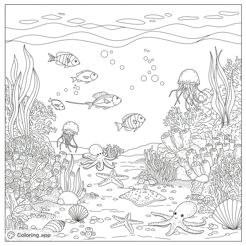 Dive into a vibrant underwater world! Color playful fish, octopuses, jellyfish, and starfish amidst intricate coral reefs and swaying sea plants.