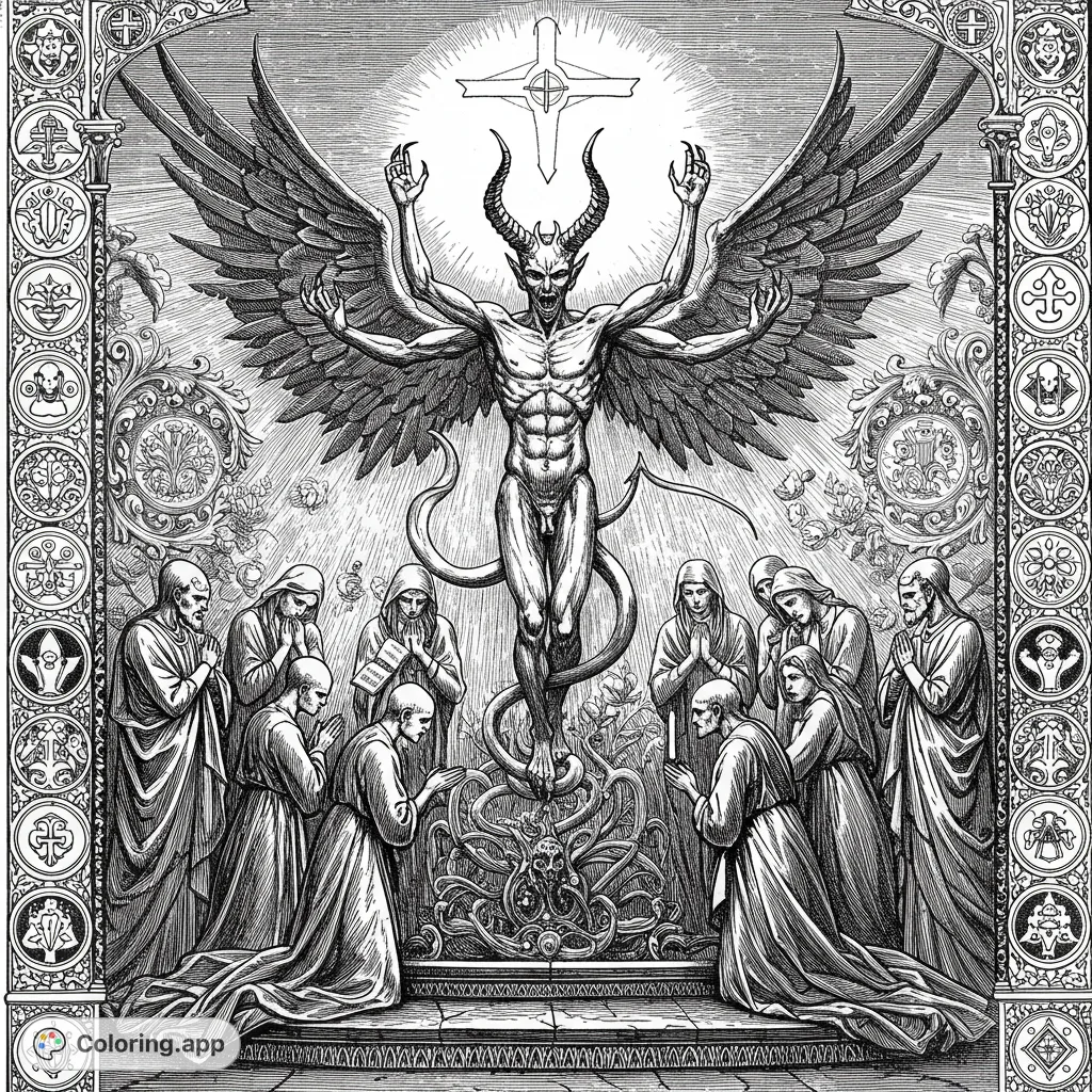 Intricate gothic scene featuring a winged, horned demon revered by robed figures, set within an ornate, detailed frame. A dark fantasy coloring page.