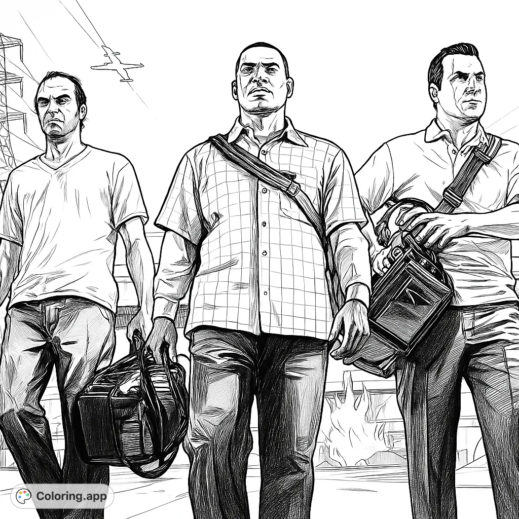 Three determined men walk through an urban landscape with bags, featuring industrial elements and distant fire. A dynamic urban action coloring page.