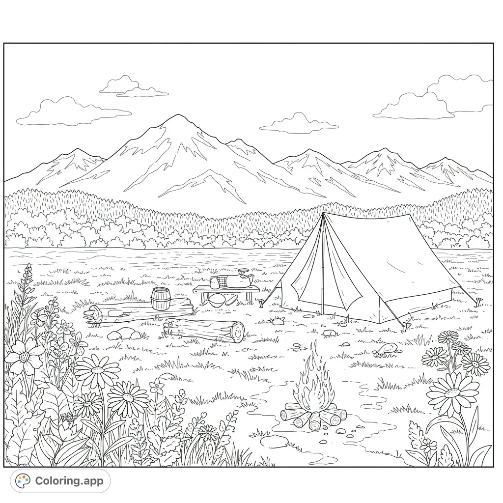 Explore a serene mountain lake camping scene with a cozy tent, crackling campfire, and wildflowers. A free printable camping coloring page for all ages.