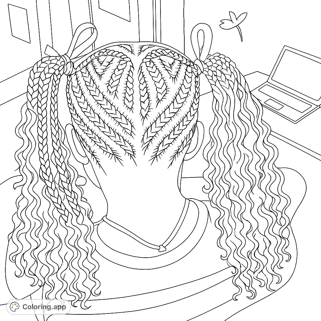 Detailed black and white line art featuring a person with intricate braided cornrows and long wavy pigtails, with a laptop and window in the background.