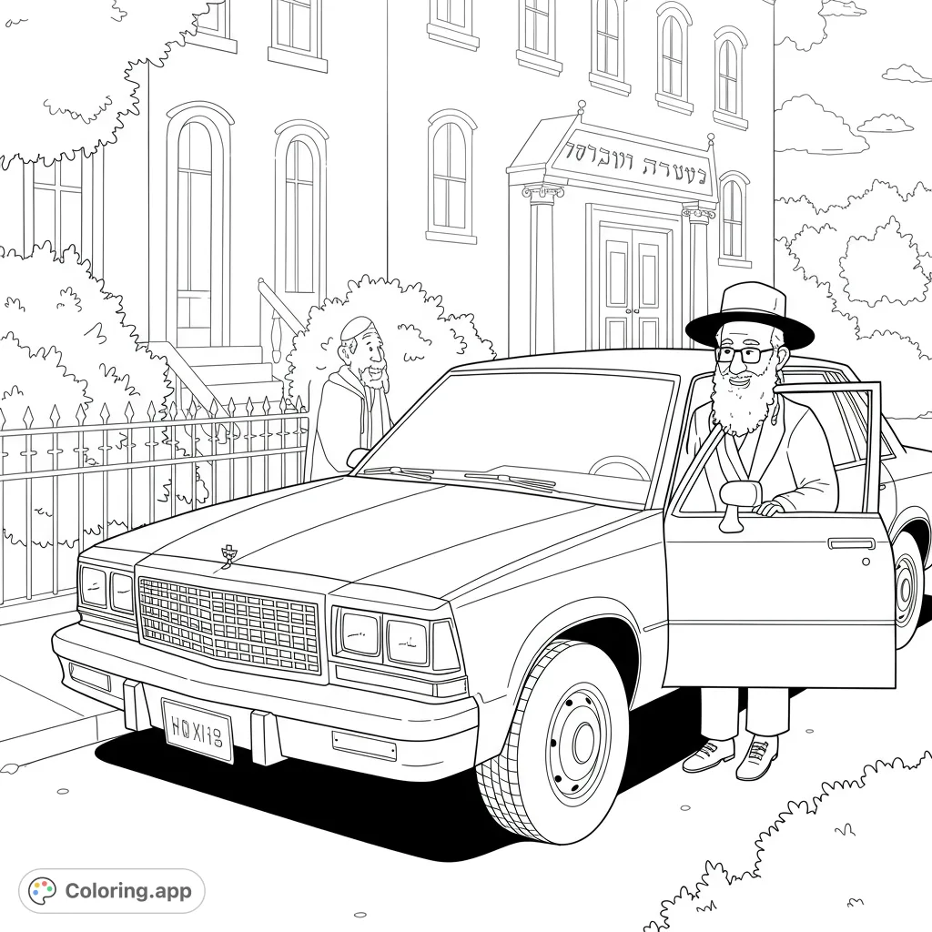 A detailed community scene featuring a man exiting a classic car in front of a grand building, with another man nearby. Perfect for cultural exploration.