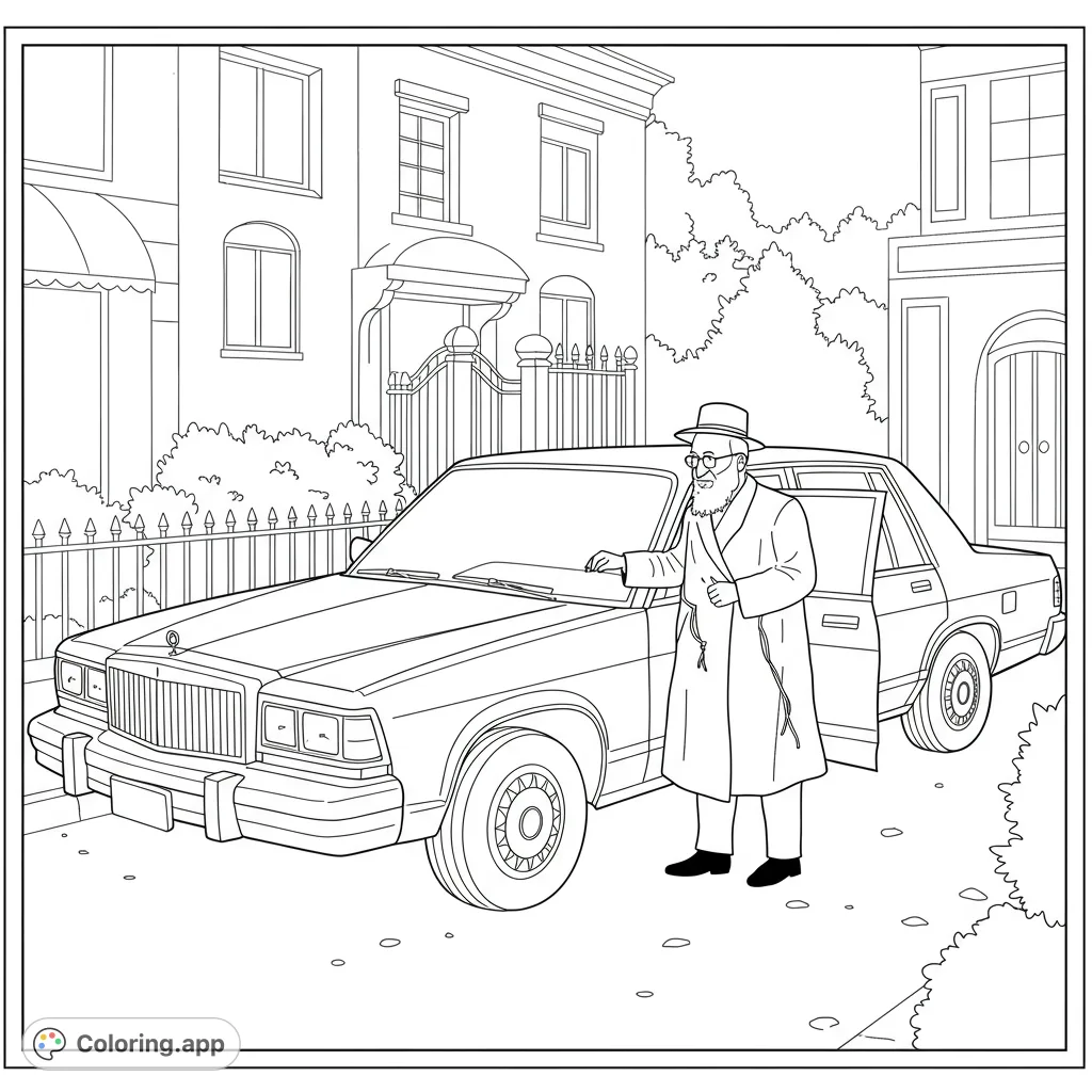 Color a distinguished man in traditional attire beside a classic car on a city street. A free printable Jewish community coloring page for all ages.