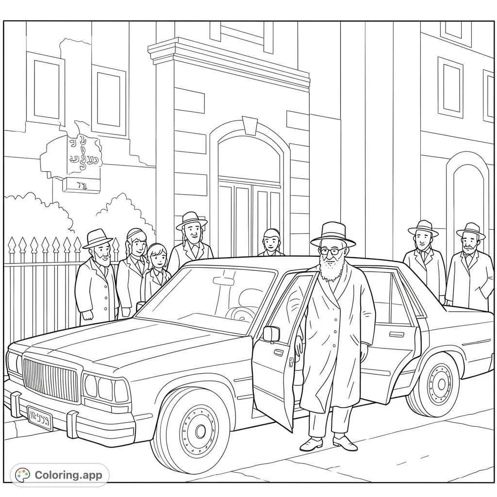 A heartwarming Jewish community gathering coloring page featuring a family and friends by a car, perfect for all ages to enjoy and personalize.
