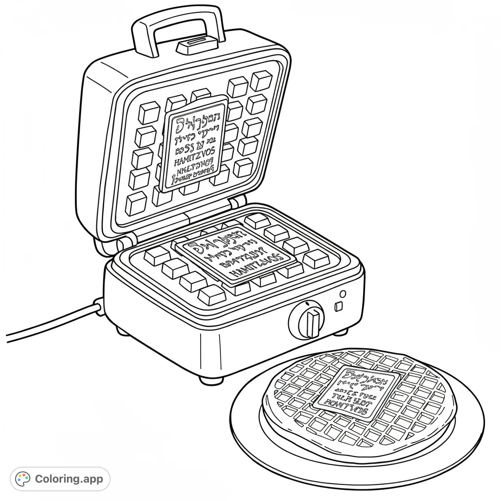 A delicious waffle coloring page featuring an open waffle maker and a fresh waffle on a plate. Free printable coloring page for kids and adults, perfect for breakfast fun!
