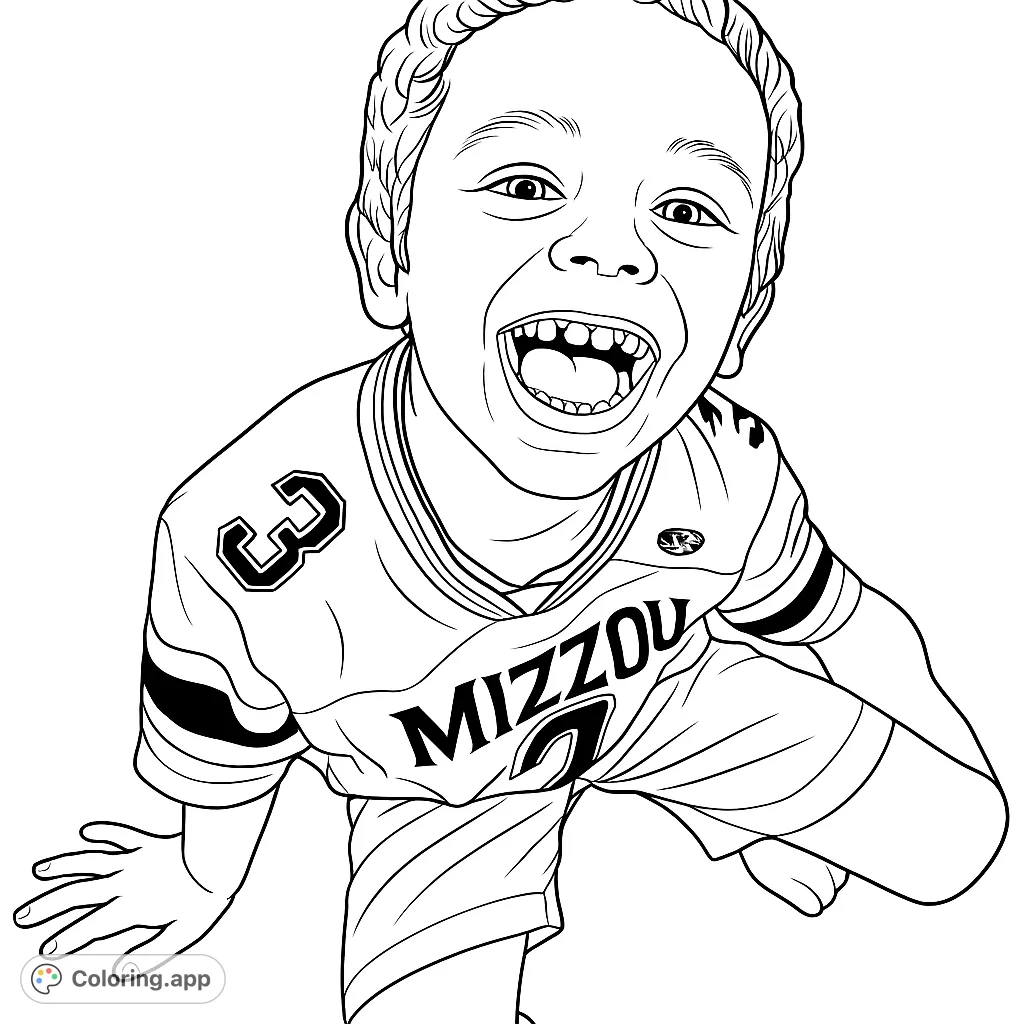 A delightful free printable coloring page featuring a laughing child in a sports jersey, perfect for kids and sports fans. A Mizzou coloring page for all ages!