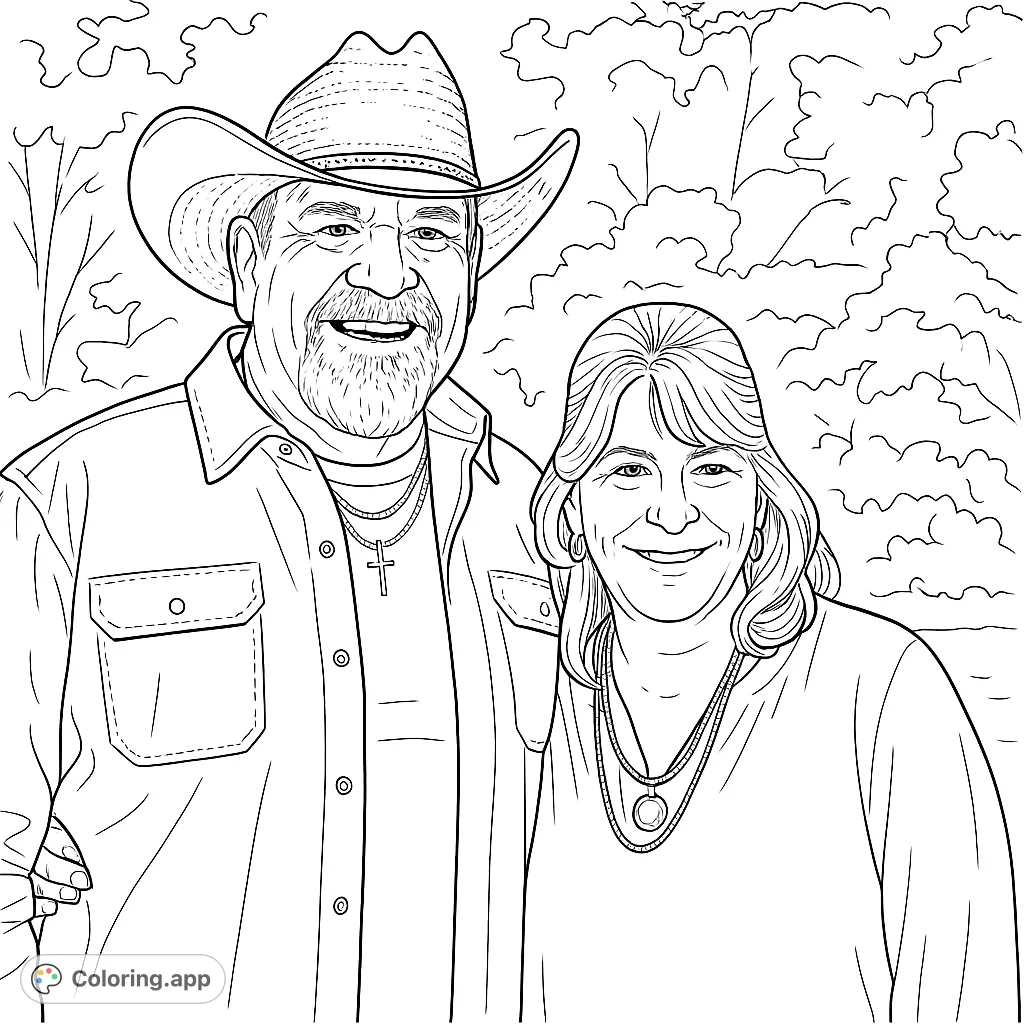 A heartwarming free printable couple portrait coloring page featuring a smiling man in a cowboy hat and a woman, perfect for family and relationship themes.