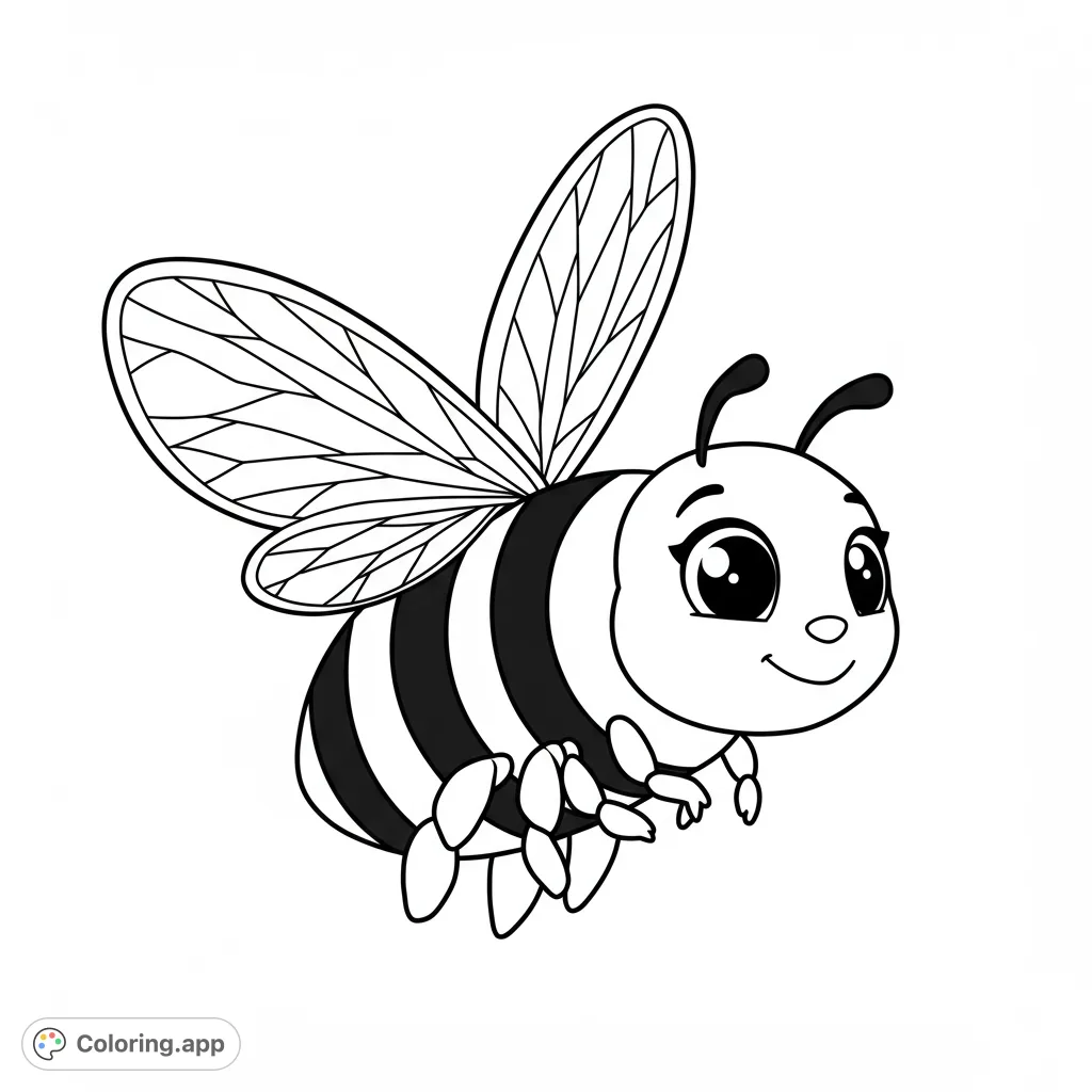 An adorable cartoon bee with big, sparkling eyes and a striped body, ready for vibrant colors. A fun, free printable bee coloring page for kids and adults.