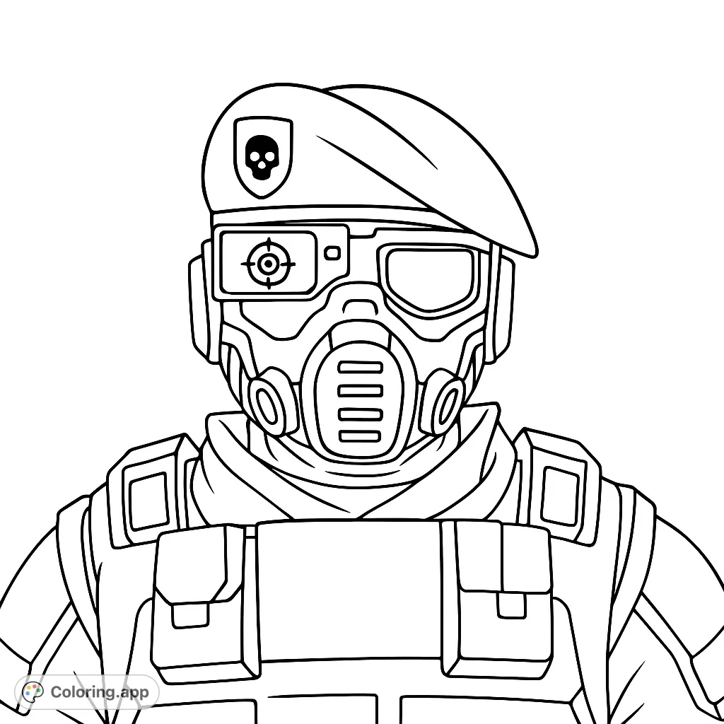 Color a detailed futuristic soldier with a high-tech mask, beret, and tactical gear. A free printable sci-fi soldier coloring page for all ages.