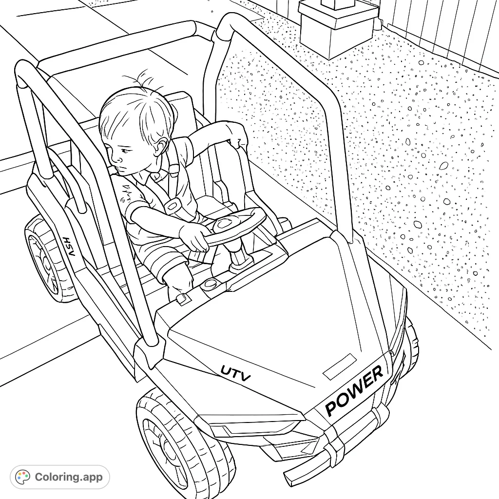Adorable toddler in a toy UTV, ready for adventure. A fun, free printable coloring page for kids to imagine off-road excitement.