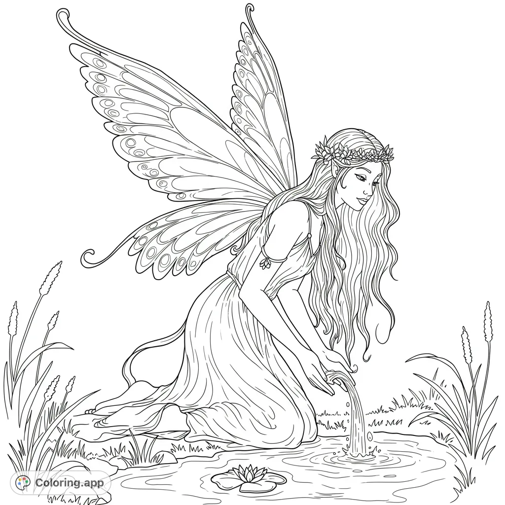 A graceful fairy kneels by a serene pond, pouring water. Intricate wings and natural details make this a magical fantasy coloring page.