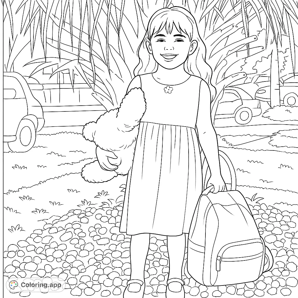 A happy girl with her teddy bear and backpack, ready for adventure. A charming free printable kids coloring page for school or play.