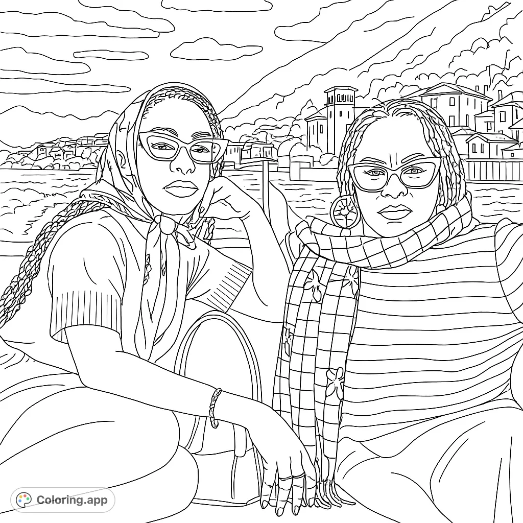 Two stylish women relax by a scenic lake with mountains and villas, a perfect free printable portrait coloring page for fashion and travel lovers.