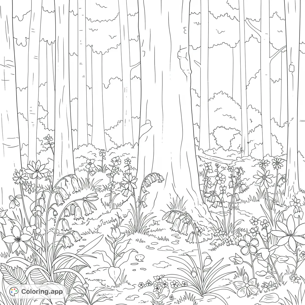 A serene forest scene with tall trees and a vibrant array of wildflowers, perfect for nature lovers and a free printable forest coloring page.