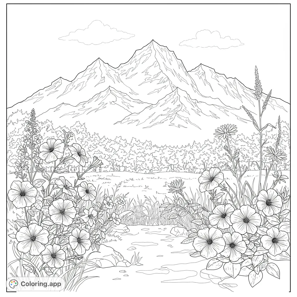 Explore a beautiful mountain landscape coloring page featuring majestic peaks, a lush forest, and vibrant wildflowers in the foreground. A free printable coloring page for all ages.