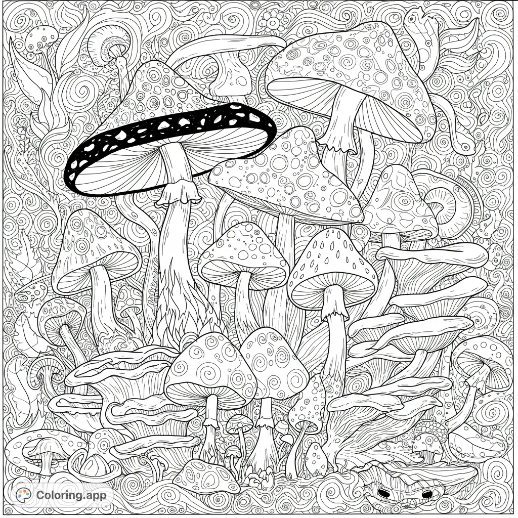 Explore a whimsical mushroom wonderland! This intricate fungi coloring page features diverse mushrooms with detailed caps and a swirling, organic background. Perfect for all ages.
